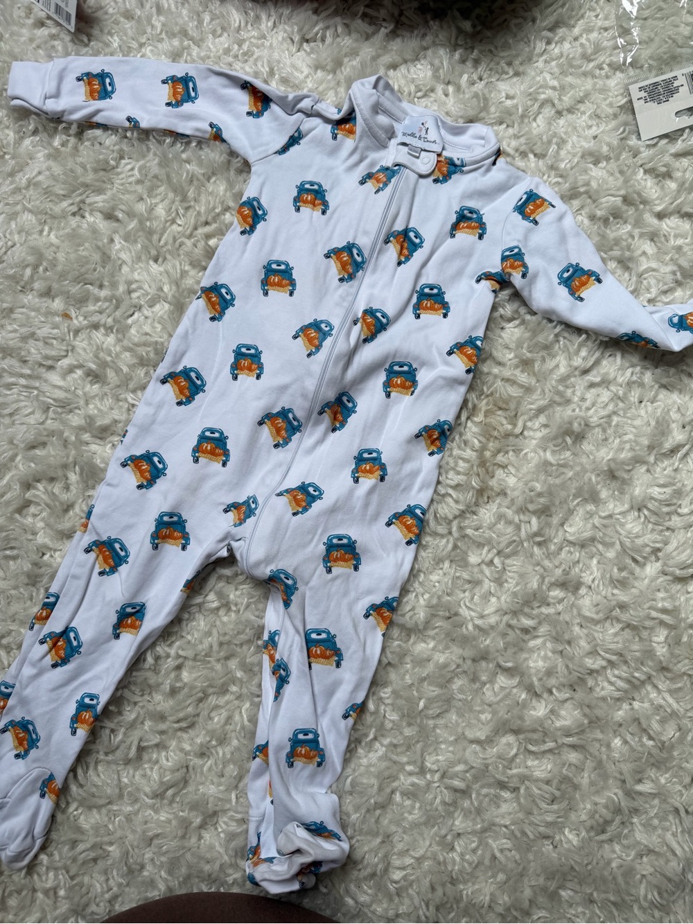 White Kids Footed Pajama with Blue & Orange Car Print - Unbranded